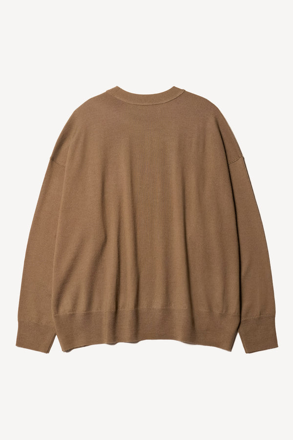 Flat Back view of the Descend Loose Fit Merino Knit in brown, a relaxed-fit merino wool sweater with a crew neck. 