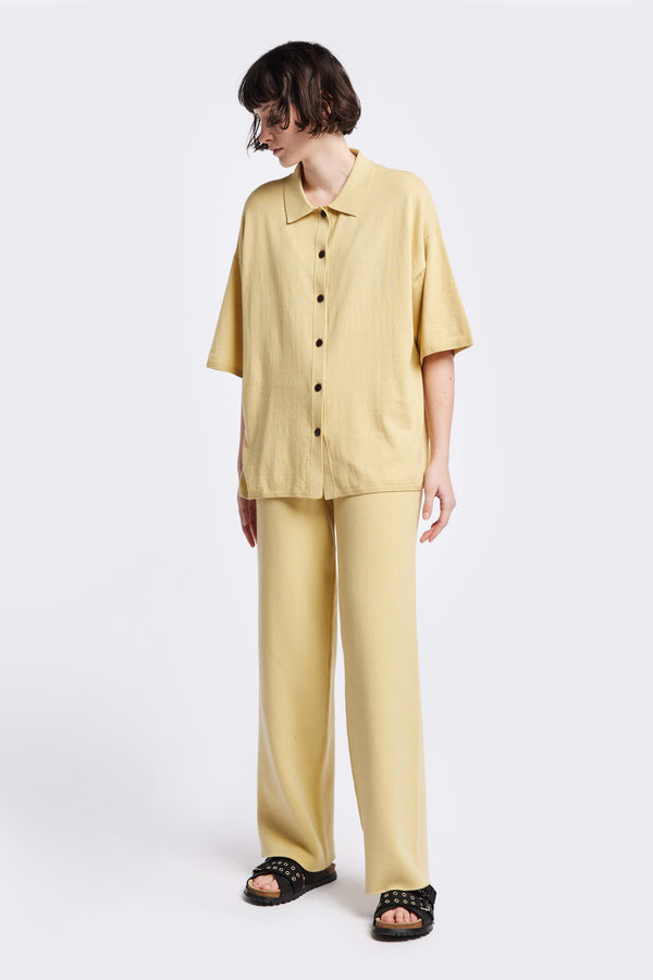 Escalade Knit Shirt in Butter Yellow, a relaxed knit short sleeve shirt with a button placket and straight collar, made from premium soft, summer-weight combed cotton. Textured knit construction, available in 5 sizes.