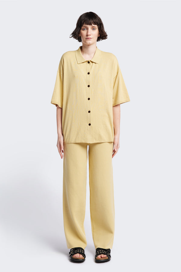 Escalade Knit Shirt in Butter Yellow, a relaxed knit short sleeve shirt with a button placket and straight collar, made from premium soft, summer-weight combed cotton. Textured knit construction, available in 5 sizes.