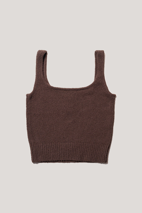 Flat Back of the Brown Ether Rib Tank with wide straps, scoop neckline and three-button front detail.
