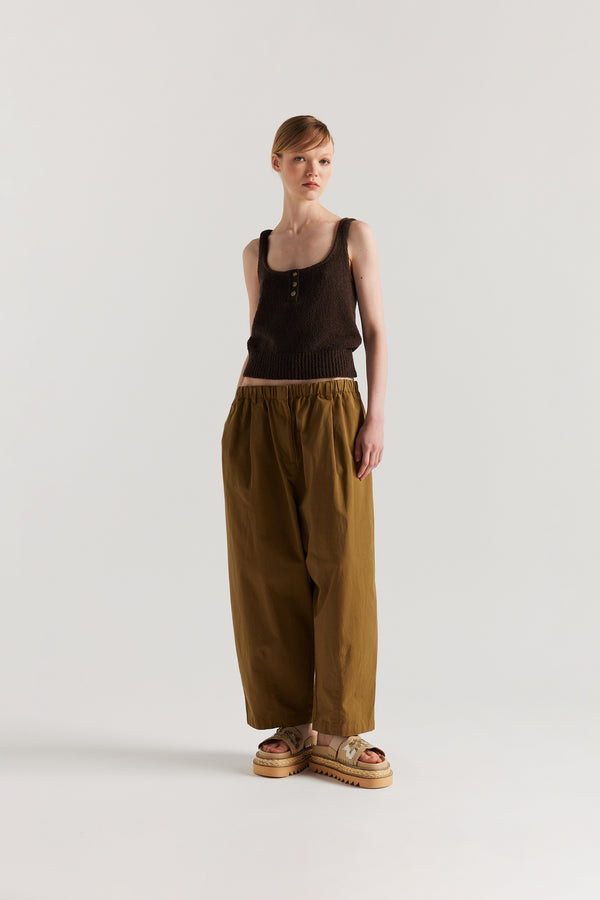 Front of Model in the Brown Ether Rib Tank with wide straps, scoop neckline and three-button front detail.