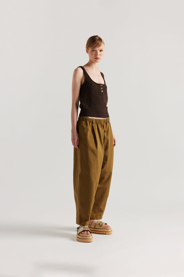 Front of Model in the Brown Ether Rib Tank with wide straps, scoop neckline and three-button front detail.