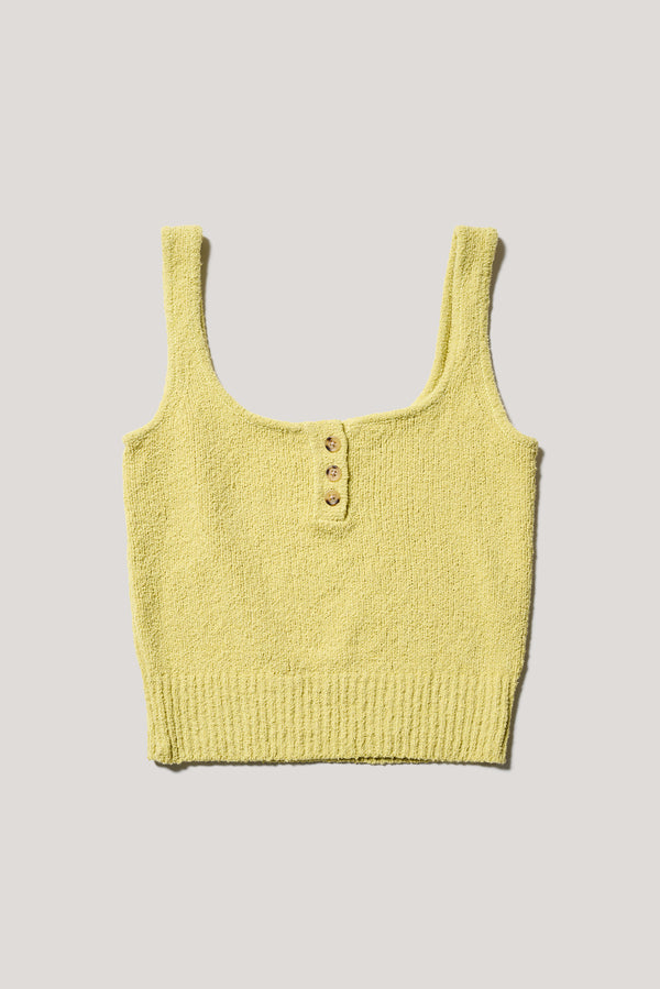 Flat front of the Citrus Yellow Ether Rib Tank with wide straps, scoop neckline and three-button front detail.