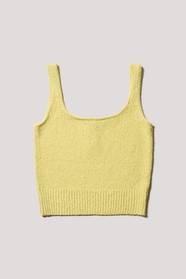 Flat back of the Citrus Yellow Ether Rib Tank with wide straps, scoop neckline and three-button front detail.