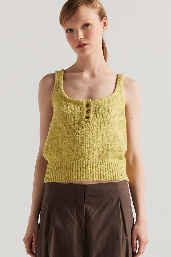 Front of Model in the Citrus Yellow Ether Rib Tank with wide straps, scoop neckline and three-button front detail.