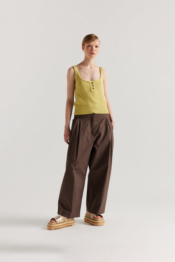 Front of Model in the Citrus Yellow Ether Rib Tank with wide straps, scoop neckline and three-button front detail.