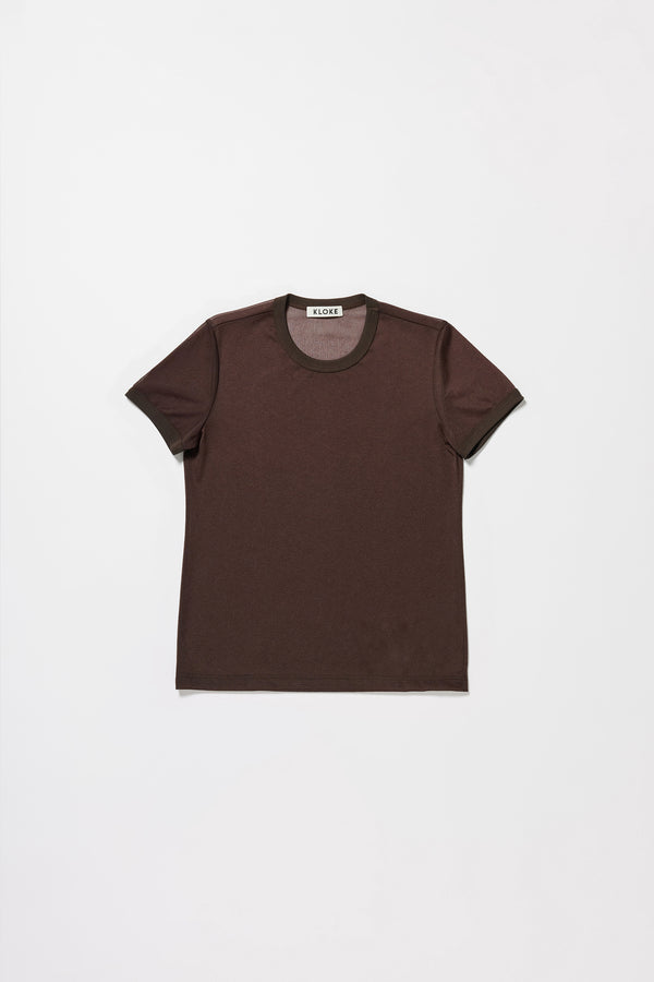 Flat front of the slim-fit sheer knit tee with ringer neckline in brown. 