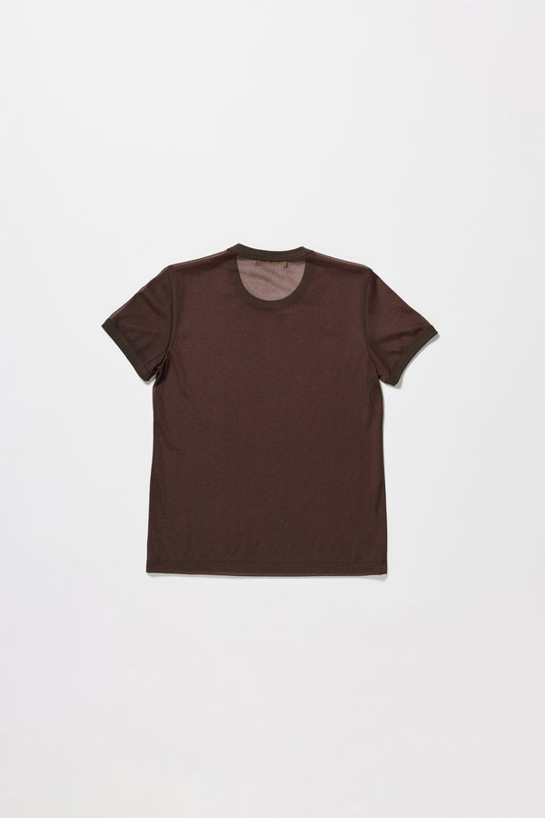 Flat back of the slim-fit sheer knit tee with ringer neckline in brown. 