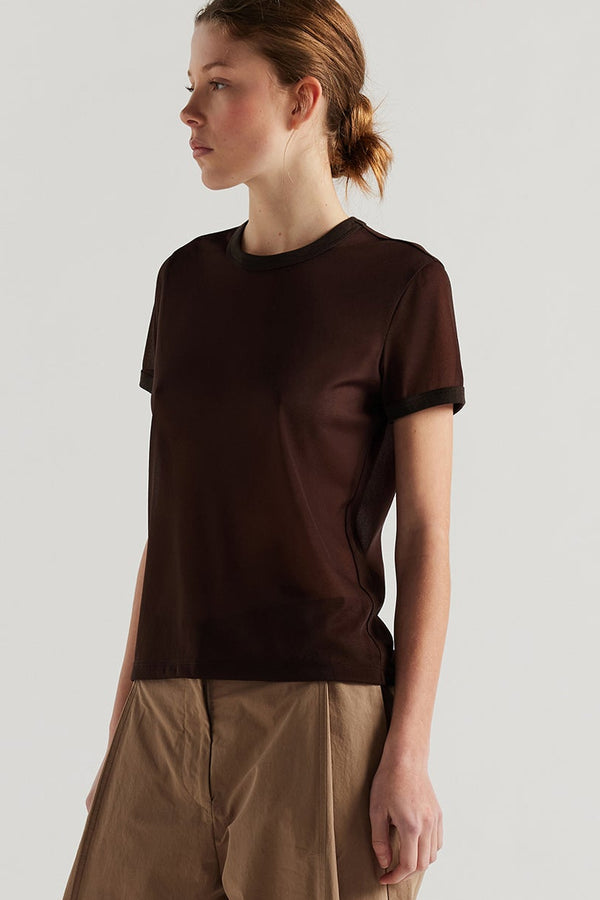 Front view on female model of the slim-fit sheer knit tee with ringer neckline in brown. 