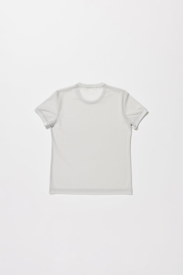 Flat bck of the slim-fit sheer knit tee with ringer neckline in pale blue