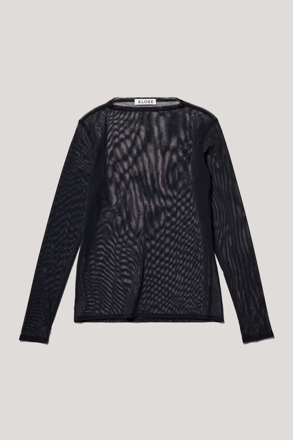 Flat Front of the Jet Black Exist Top in sheer Japanese power-mesh with a clean, fitted silhouette. 