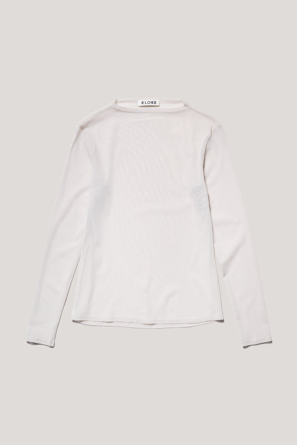 Flat Front of the Bone Cream Exist Top in sheer Japanese power-mesh with a clean, fitted silhouette. 