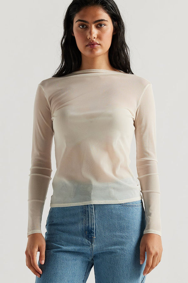 Front of Female Model wearing the Ecru Exist Top in sheer Japanese power-mesh with a clean, fitted silhouette. 