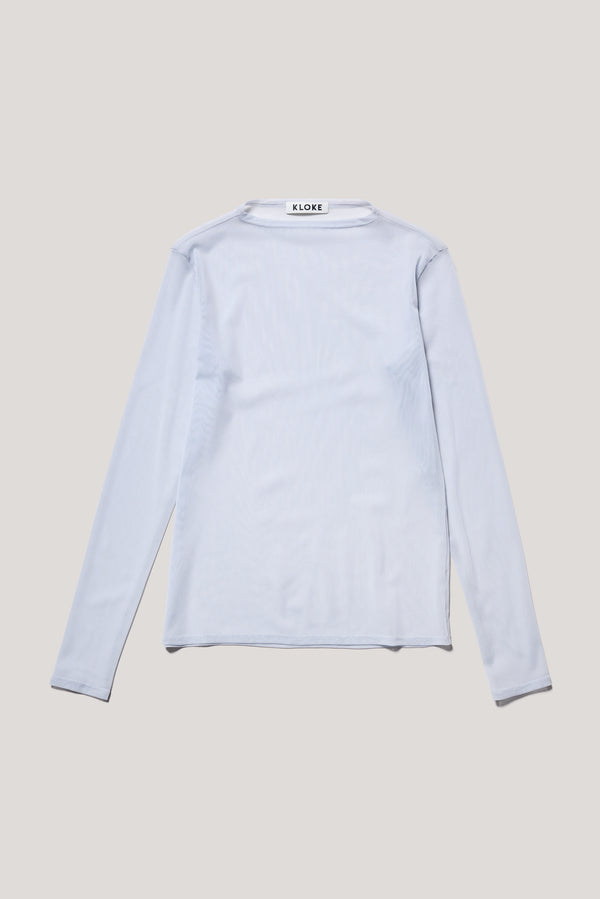 Flat Front of the Pale Blue Exist Top in sheer Japanese power-mesh with a clean, fitted silhouette. 