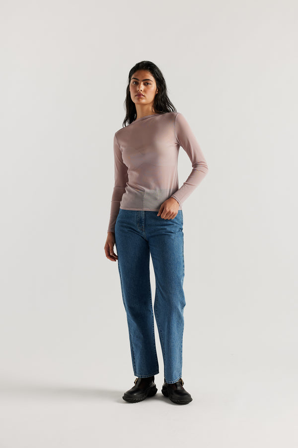 Front of Female Model wearing the Mauve Exist Top in sheer Japanese power-mesh with a clean, fitted silhouette. 