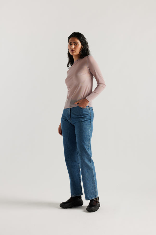 Front of Female Model wearing the Mauve Exist Top in sheer Japanese power-mesh with a clean, fitted silhouette. 