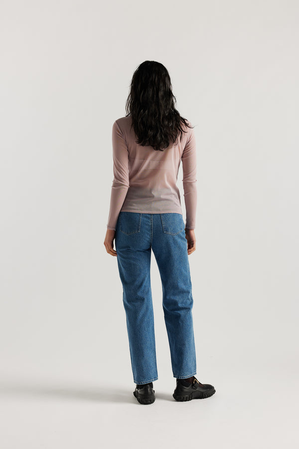 Back of Female Model wearing the Mauve Exist Top in sheer Japanese power-mesh with a clean, fitted silhouette. 
