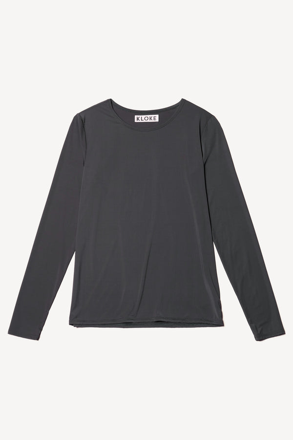 Flat Front of Jet Black Expansion long-sleeve fitted top in recycled poly with slim silhouette and classic crew neckline