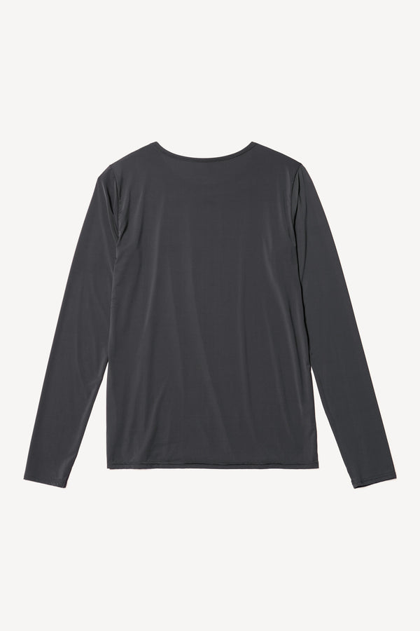 Flat back of Jet Black Expansion long-sleeve fitted top in recycled poly with slim silhouette and classic crew neckline