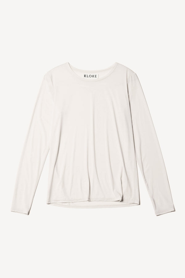 Flat Front of Off white Expansion long-sleeve fitted top in recycled poly with slim silhouette and classic crew neckline