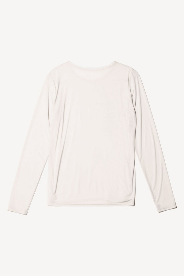 Flat Back of the Off white Expansion long-sleeve fitted top in recycled poly with slim silhouette and classic crew neckline