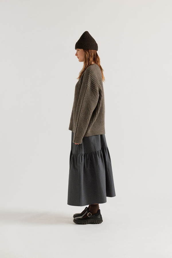 Women - Charcoal Fading Beanie worn on model, showing contemporary shape and ribbed half-cardigan knit construction in RWS certified Merino
