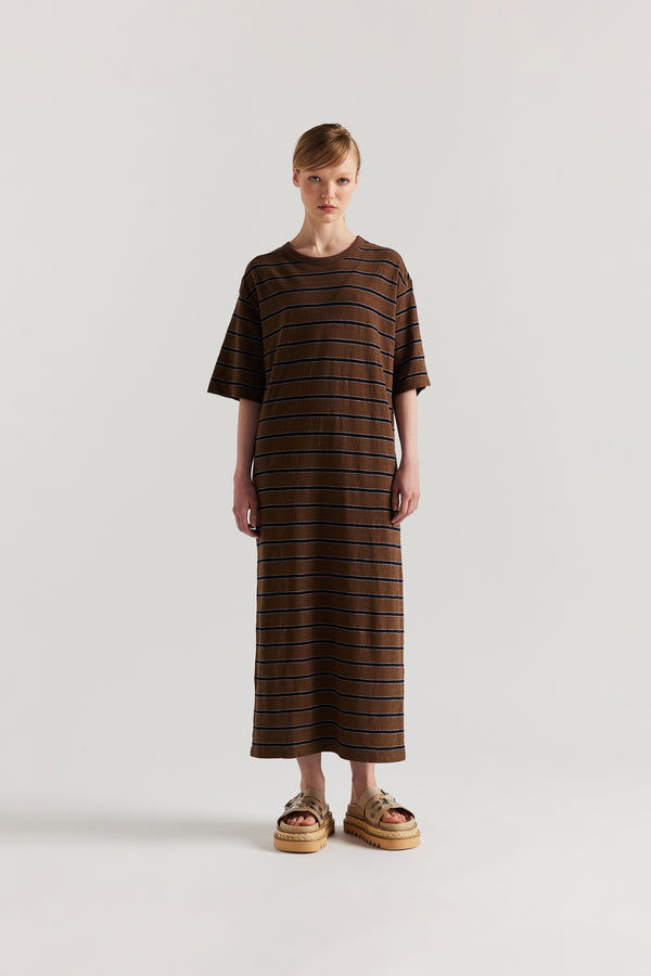 Front of Model in the Brown/Black/Lilac Fidelity Dress in cotton slub with relaxed loose fit and feeder stripe
