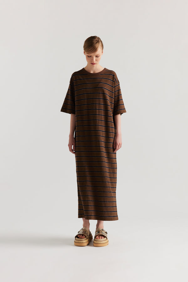Front of Model in the Brown/Black/Lilac Fidelity Dress in cotton slub with relaxed loose fit and feeder stripe
