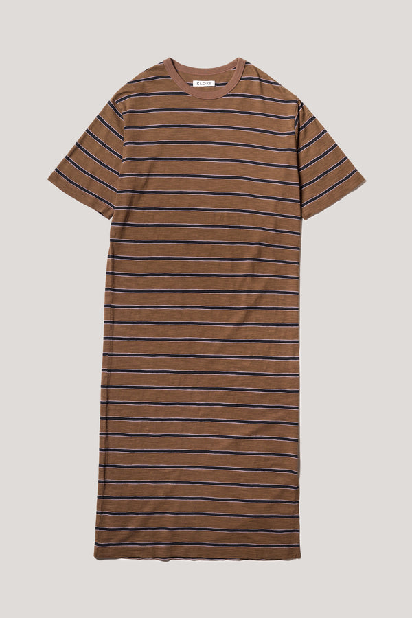 Flat front of the Brown/Black/Lilac Fidelity Dress in cotton slub with relaxed loose fit and feeder stripe