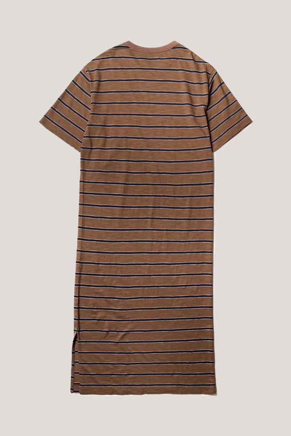 Flat back of the Brown/Black/Lilac Fidelity Dress in cotton slub with relaxed loose fit and feeder stripe