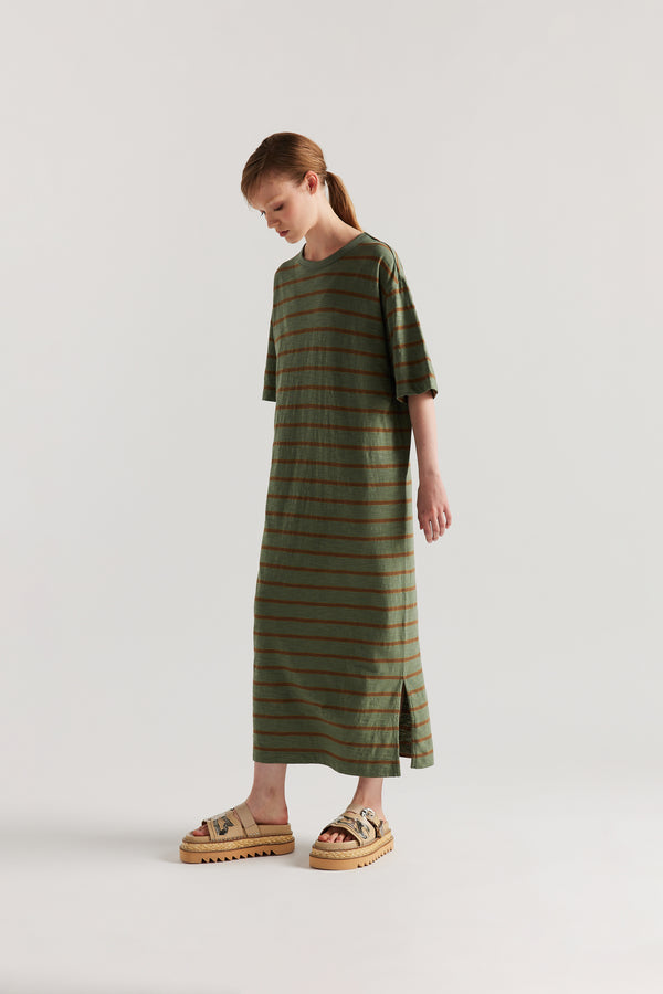 Front of Model in the Olive/Brown Fidelity Dress in cotton slub with relaxed loose fit and feeder stripe