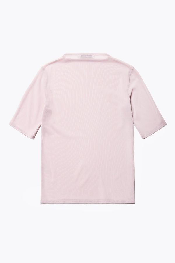 Flat back of the Flow Mesh Short Sleeve Top in Pale Mauve and Peach. Featuring a high neckline, contrast flatlock seams, and sheer, lightweight fabric, perfect for layering. 