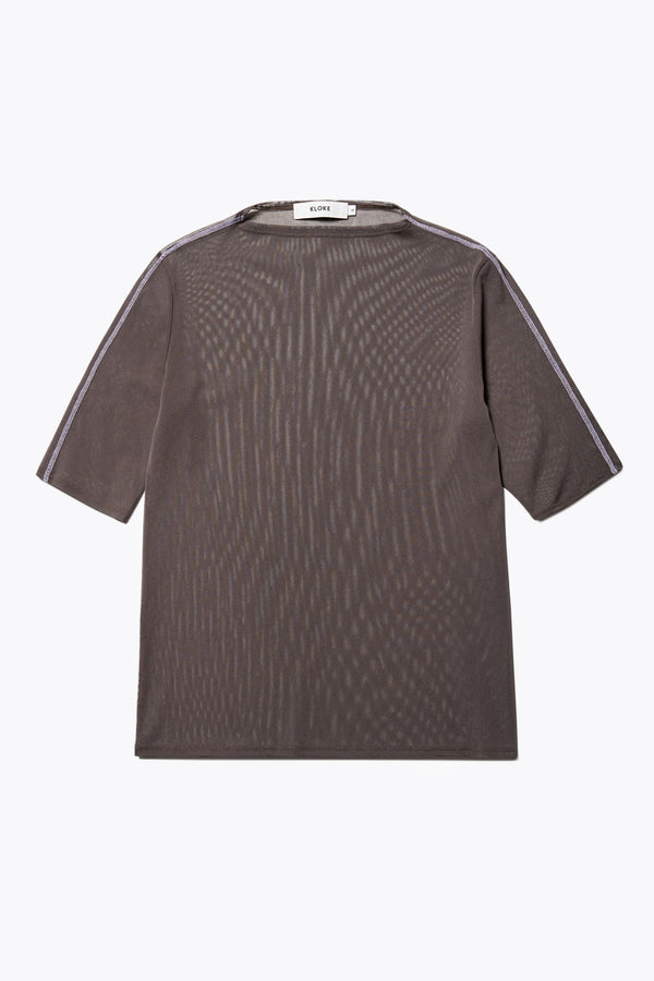 Flat Front of the Flow Mesh Short Sleeve Top in Brown and Lilac. Featuring a high neckline, contrast flatlock seams, and sheer, lightweight fabric, perfect for layering. 