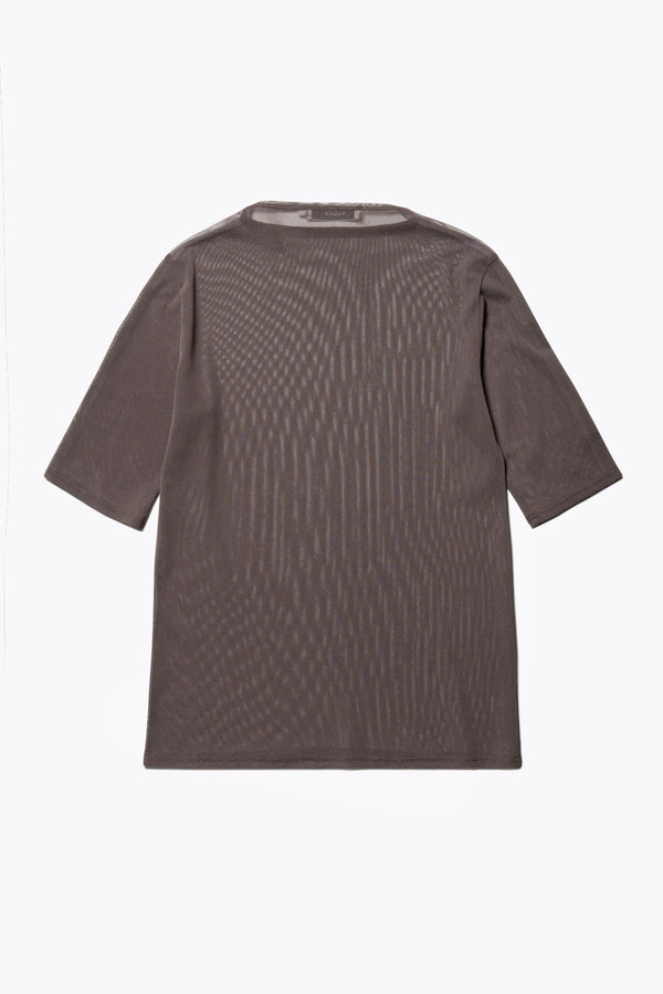 Flat Back of the Flow Mesh Short Sleeve Top in Brown and Lilac. Featuring a high neckline, contrast flatlock seams, and sheer, lightweight fabric, perfect for layering. 