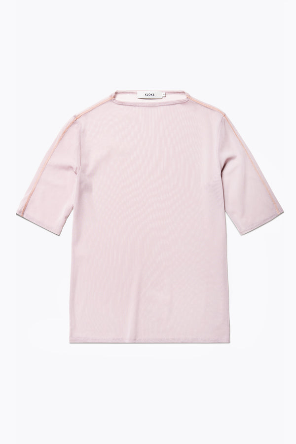 Flat Front of the Flow Mesh Short Sleeve Top in Pale Mauve and Peach. Featuring a high neckline, contrast flatlock seams, and sheer, lightweight fabric, perfect for layering. 