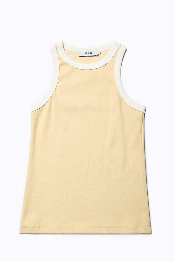 Flat Front of Kloke Flux Racer Back Tank in Japanese ribbed cotton, featuring a slim fit and slight racer neckline, perfect for layering. Available in 5 sizes. 