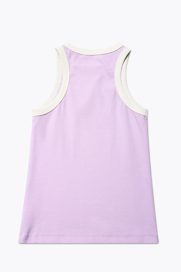 Flat back of Kloke Flux Racer Back Tank in Lilac and Ecru Japanese ribbed cotton, featuring a slim fit and slight racer neckline, perfect for layering. Available in 5 sizes. 