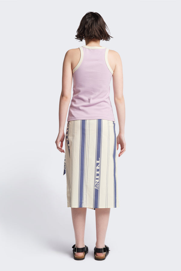 Back of Kloke Flux Racer Back Tank in Lilac and Ecru Japanese ribbed cotton, featuring a slim fit and slight racer neckline, perfect for layering. Available in 5 sizes. 