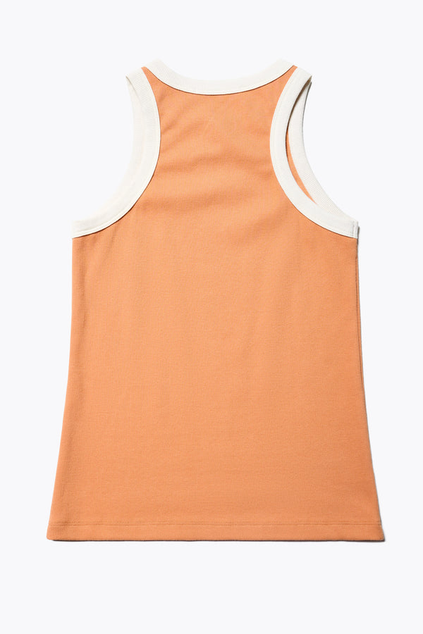 Flat back of Kloke Flux Racer Back Tank in Pastel Orange and Ecru Japanese ribbed cotton, featuring a slim fit and slight racer neckline, perfect for layering. Available in 5 sizes. 