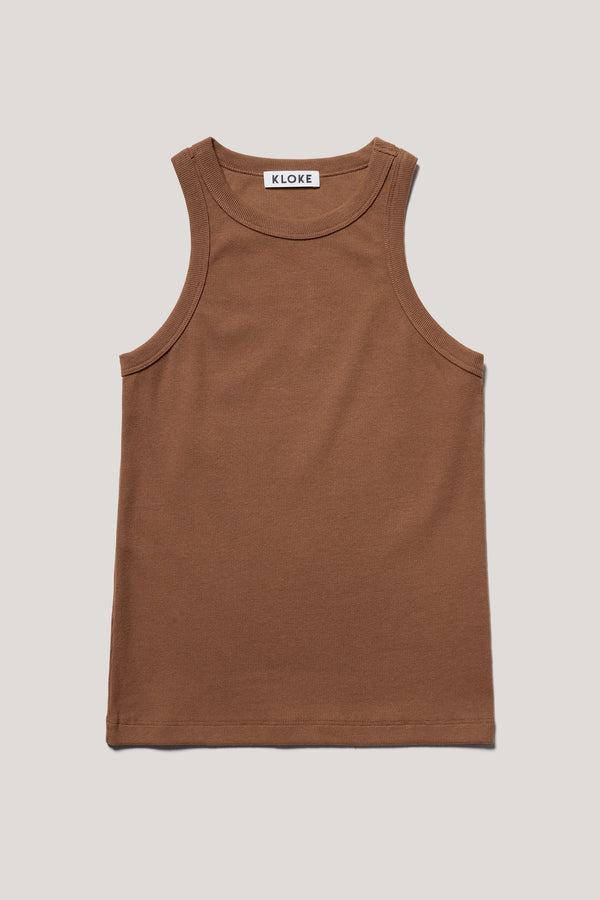 Flat front of slim-fit Japanese ribbed cotton racer-back tank in Cocoa Brown