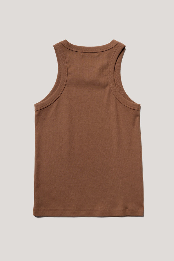 Flat back of slim-fit Japanese ribbed cotton racer-back tank in Cocoa Brown