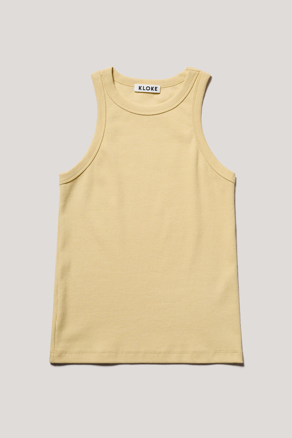 Flat front of the Flux tank, a slim-fit Japanese ribbed cotton racer-back tank in Pale Yellow. 