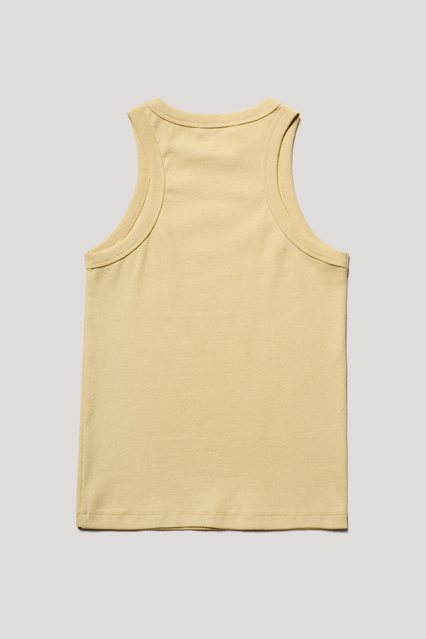 Flat back of the Flux tank, a slim-fit Japanese ribbed cotton racer-back tank in Pale Yellow. 