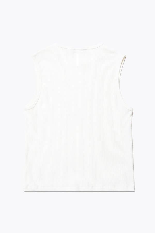 Flat Back of the Hillside Tank in Off White, a slim-fitting crew neck top in fine Japanese rib knit, featuring a sleek, minimalist design