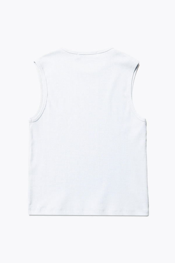 Flat back of the Hillside Tank in Ice Blue, a slim-fitting crew neck top in fine Japanese rib knit, featuring a sleek, minimalist design