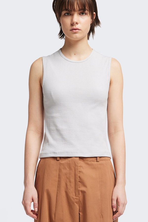 Front of the Hillside Tank in Ice Blue, a slim-fitting crew neck top in fine Japanese rib knit, featuring a sleek, minimalist design