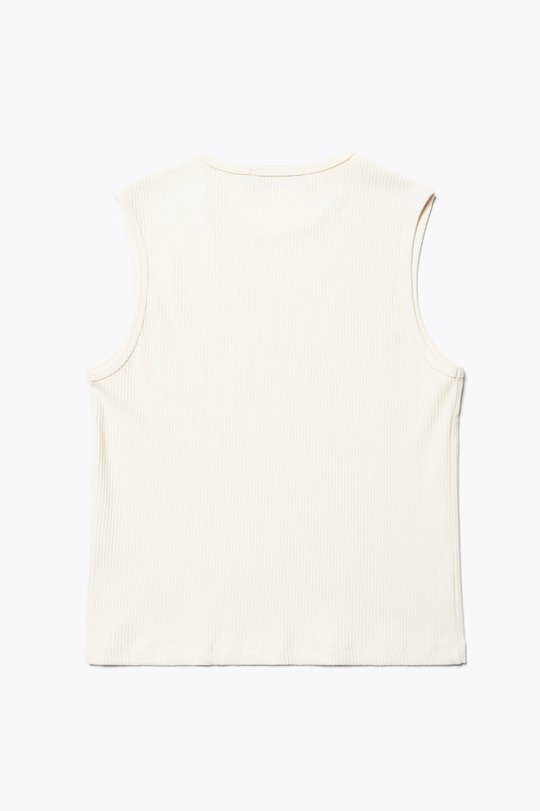 Flat Back of the Hillside Tank in Pale Yellow, a slim-fitting crew neck top in fine Japanese rib knit, featuring a sleek, minimalist design