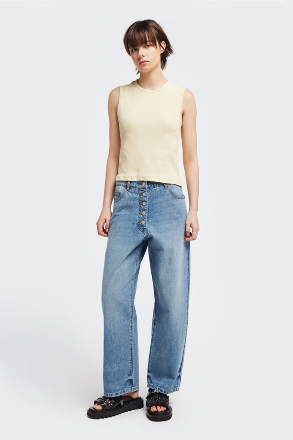 Front of the Hillside Tank in Pale Yellow, a slim-fitting crew neck top in fine Japanese rib knit, featuring a sleek, minimalist design