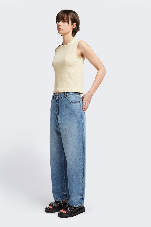 Front of the Hillside Tank in Pale Yellow, a slim-fitting crew neck top in fine Japanese rib knit, featuring a sleek, minimalist design