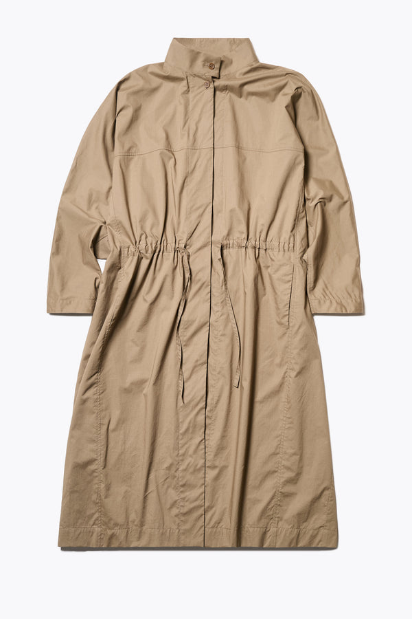 Flat Front of the Olive Brown Iberia Dress, an oversized day dress with loose sleeves and underarm gusset detail, featuring adjustable ties at the front and back for a cinched waist or relaxed fit.